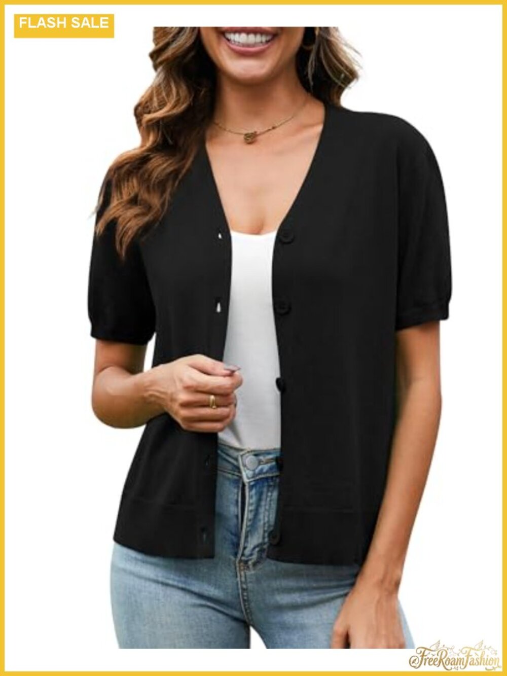 Women's Short Sleeve Crochet Knit Cardigan, Button Down V Neck Bolero Shrug